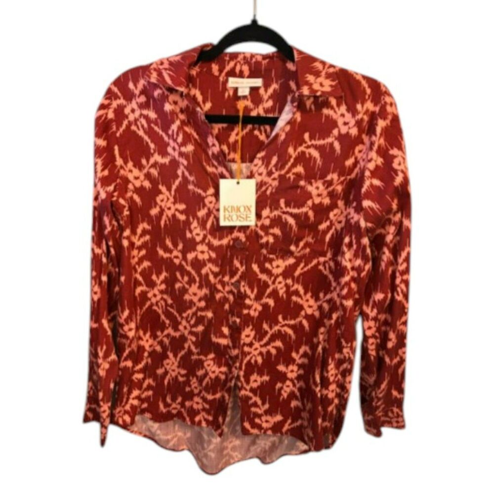 Knox Rose Red Boho Print Button-Down Blouse • Long Sleeve Casual Top